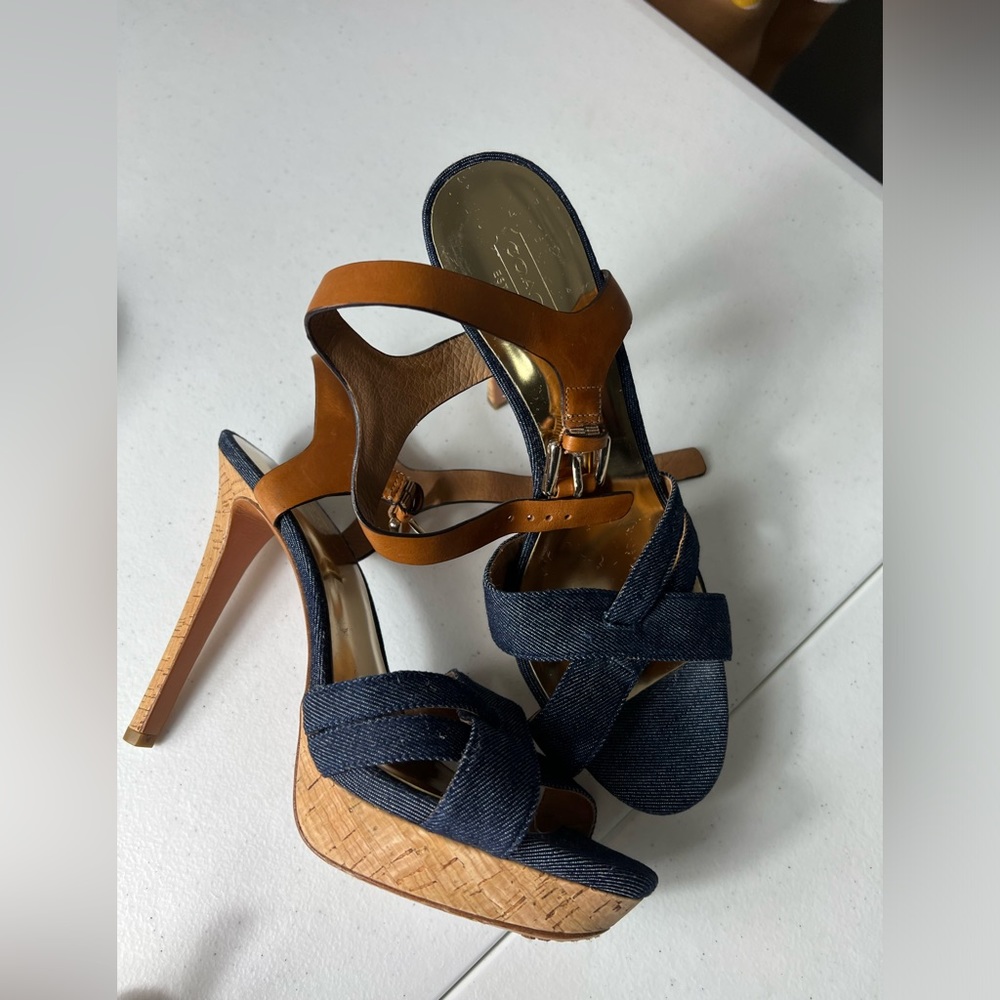 COACH DANI High Heels, Platform Open-Toe, Denim & Leather 9B
